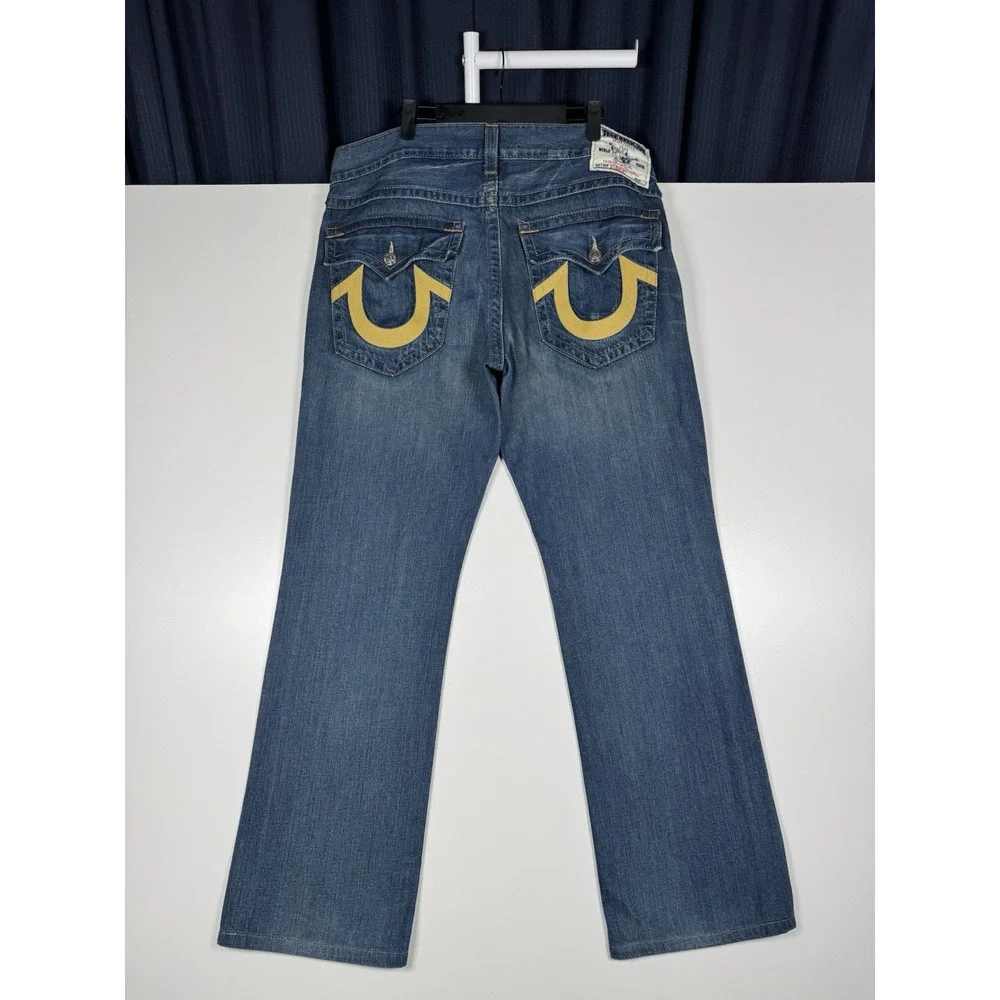 +Y2K True Religion Straight Leg Blue Jeans with Gold Embroidery Flaps - 38x32